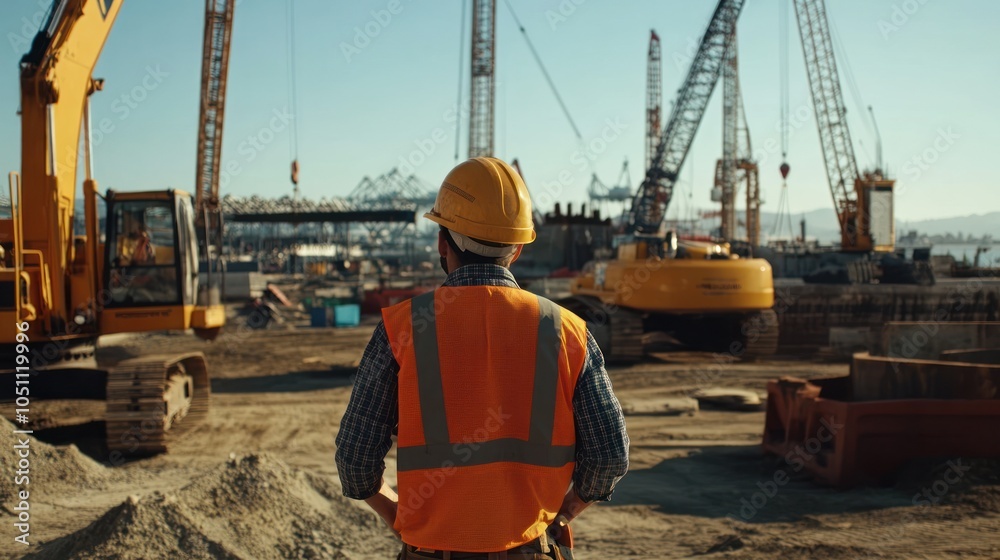 Fototapeta premium Construction engineers evaluate site progress with cranes and excavators, AI generated images