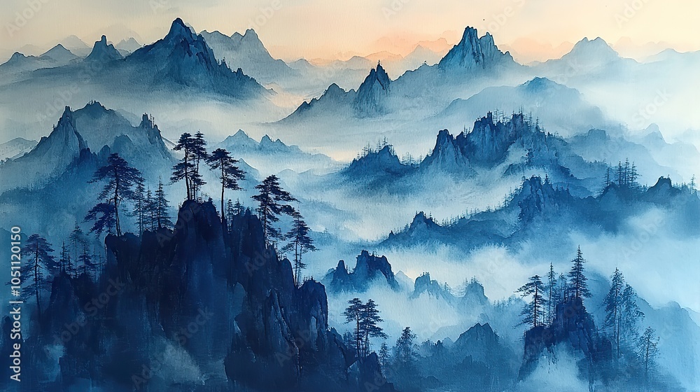 Fototapeta premium Chinese-style painting of mountains, created using traditional watercolor and ink techniques.stock photo