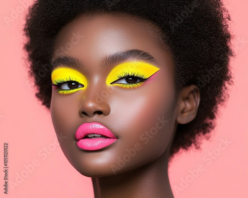 A striking portrait featuring a model with vibrant yellow eye makeup and bold pink lips against a soft pink background, showcasing beauty and confidence.