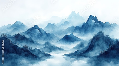 Chinese-style painting of mountains, created using traditional watercolor and ink techniques.