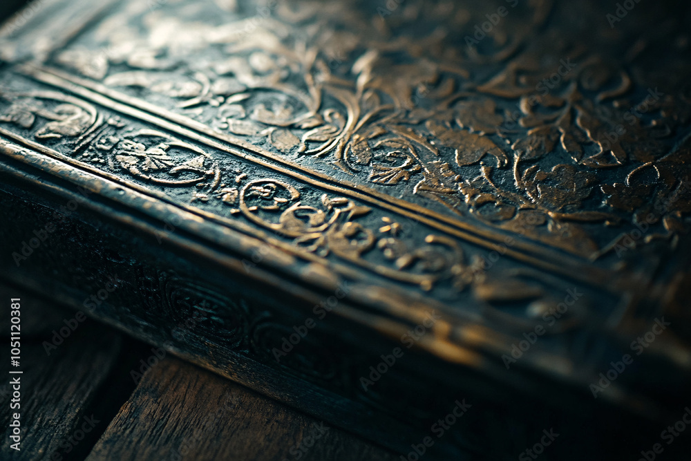 Fototapeta premium close up of vintage ornate leather bound book with gold floral design in low light
