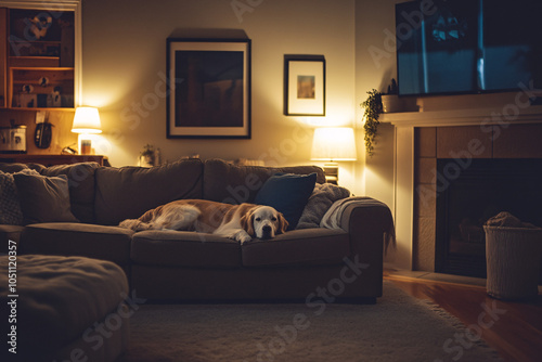 cozy living room interior with dog sleeping on couch under warm light