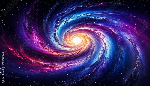 A vibrant, spiral galaxy with bright purple and blue hues