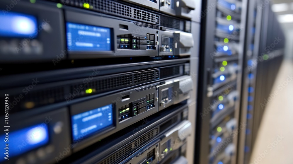 Close-up of a Server Rack with Multiple Units and LED Lights Close-up of a Server Rack with Multiple Units and LED Lights