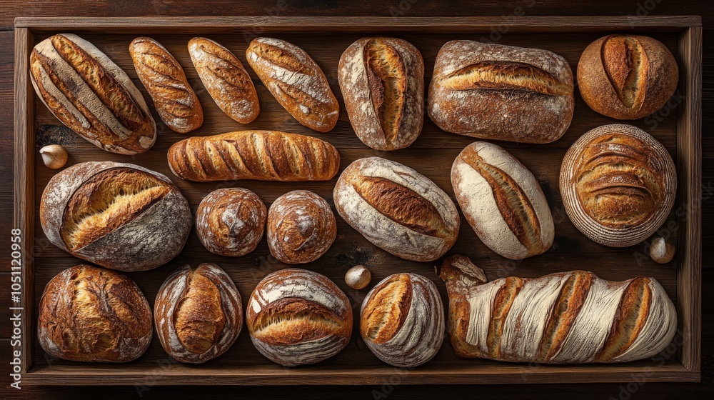 Rustic Breads on Wooden Tray from Overhead View Rustic Breads on Wooden Tray from Overhead View