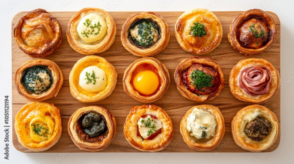 Assorted Pastries with Various Fillings on Wooden Board Assorted Pastries with Various Fillings on Wooden Board