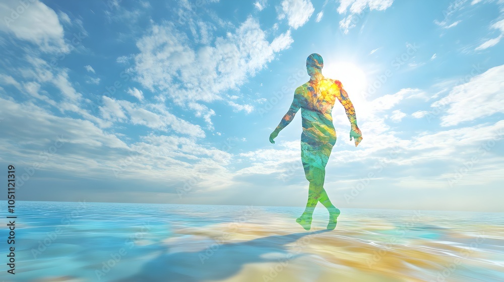 Digital depicting an ethereal,abstract human figure emerging from a vibrant,surreal landscape with a dramatic sky,reflective water,and dynamic energy and movement. Digital depicting an ethereal,abstract human figure emerging from a vibrant,surreal landscape with a dramatic sky,reflective water,and dynamic energy and movement.