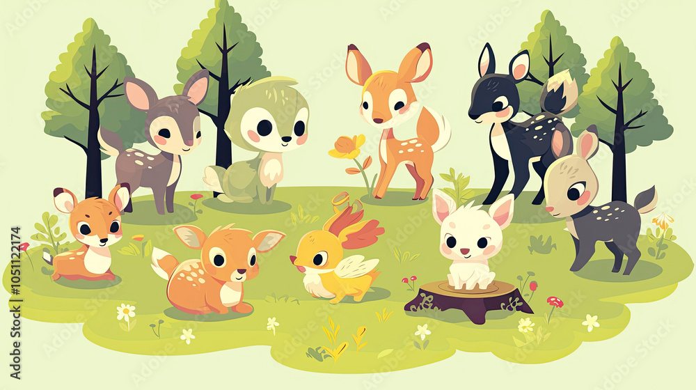 Naklejka premium Illustrations of small animals in the forest, including deer, foxes, and rabbits