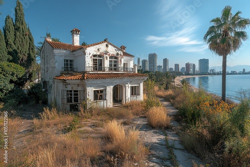 Abandoned seaside villa with overgrown garden and city skyline in the distance. photo