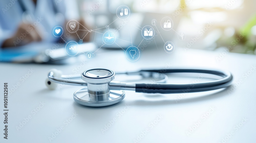 close-up image of a stethoscope resting on a clean white surface, close-up image of a stethoscope resting on a clean white surface,