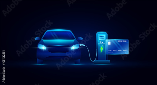 Credit card and Charging station EV car. Electric vehicle alternative clean energy future to automotive industry. Environment energy technology. Banner vector EPS10.