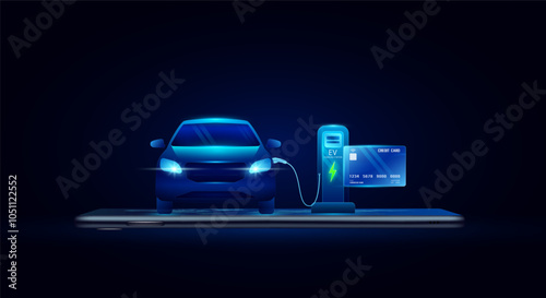 Credit card and Charging station EV car on smartphone. Electric vehicle alternative clean energy future to automotive industry. Renewable energy technology. Banner vector EPS10.