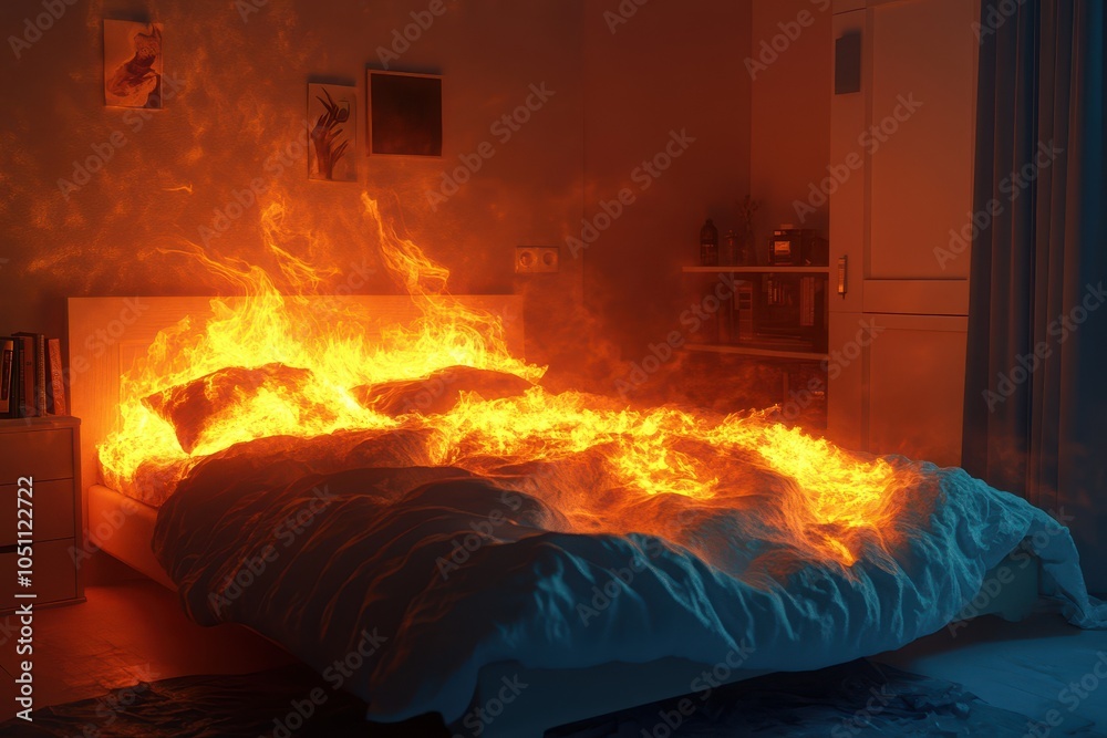 A bed is on fire in a bedroom A bed is on fire in a bedroom