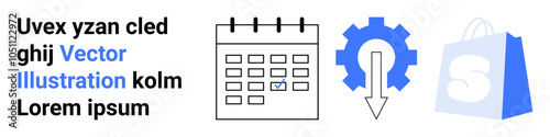Contains a calendar, a gear with a downward arrow, and a shopping bag. Left side has placeholder text. Ideal for business, scheduling, e-commerce, technology, efficiency. Landing page
