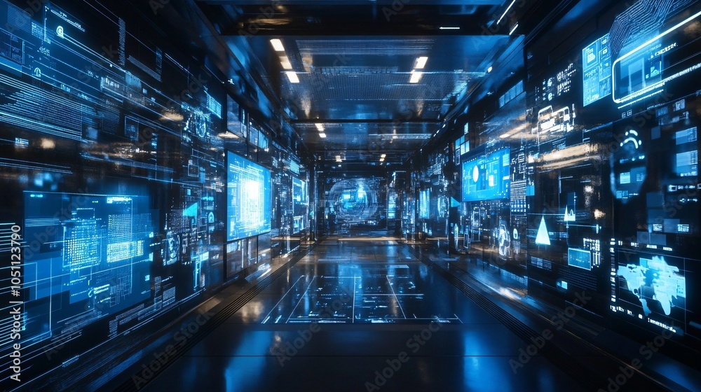Futuristic Data Center Corridor with Holographic Displays Futuristic Data Center Corridor with Holographic Displays