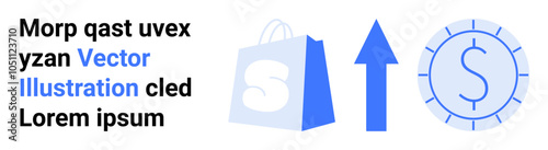 Shopping bag with the letter S, upward arrow, and coin symbol in blue. Ideal for business growth, e-commerce, financial growth, online shopping, and marketing themes. Landing page