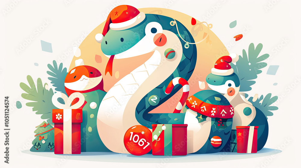 Fototapeta premium Green snake wearing Christmas hat, Chinese New Year