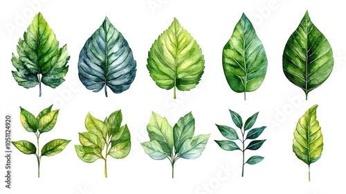 collection of watercolor green leaves in botanical vector set for invitations and cards.illustration