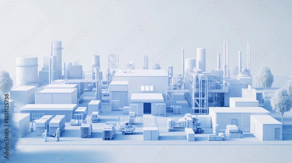 Obraz premium Data visualization concept with 3D stylized blue and white schematic smart factory,