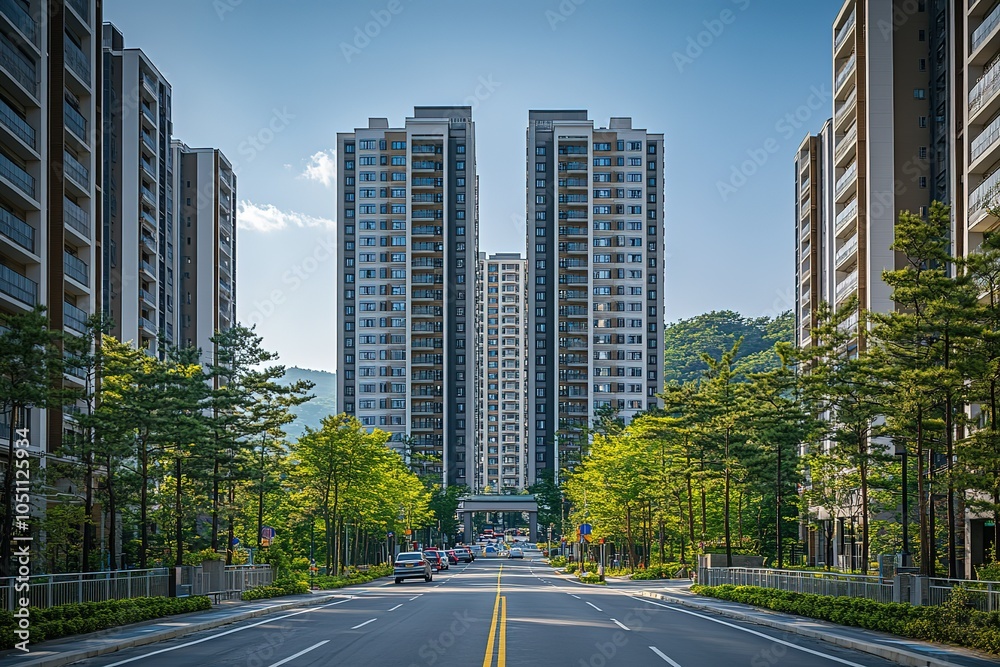 A view down a residential street lined with tall apartment buildings. A view down a residential street lined with tall apartment buildings.