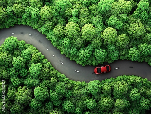 Aerial view of a winding road through lush green trees with a red car driving along the scenic route, showcasing nature and adventure. photo