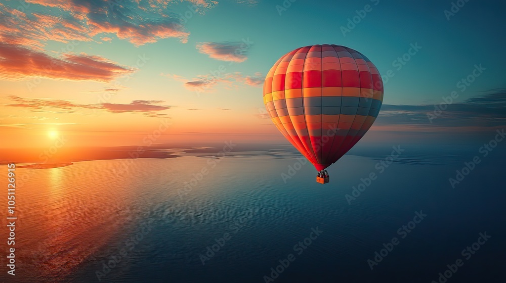 colorful hot air balloon floating over calm ocean at sunrise, evoking feelings of travel, romance, and scenic spring or summer adventure.illustration colorful hot air balloon floating over calm ocean at sunrise, evoking feelings of travel, romance, and scenic spring or summer adventure.illustration