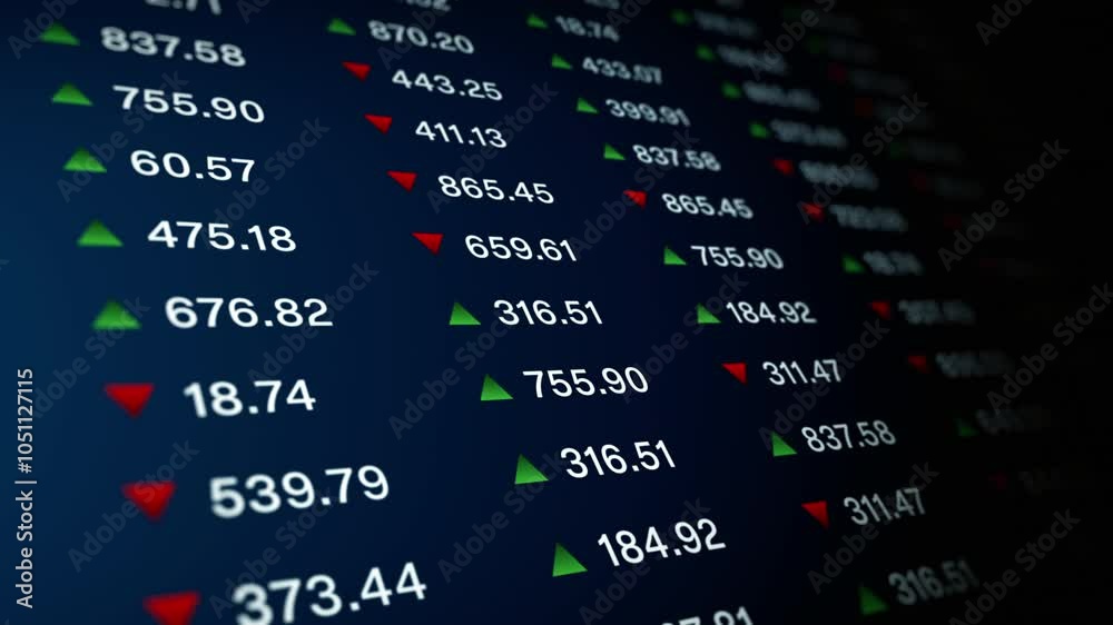 Close-up of a digital stock market ticker showing fluctuating prices with red and green arrows, symbolizing gains and losses in financial trading and investment.