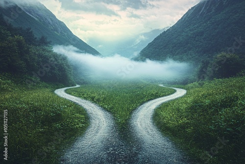A serene landscape featuring a winding road splitting into two paths, surrounded by lush green fields and majestic mountains shrouded in mist.