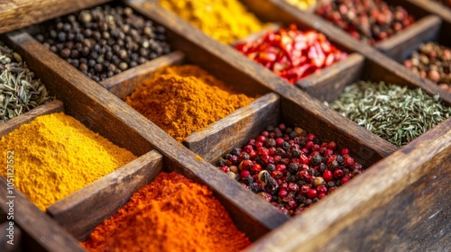 Vibrant Herbs and Spices in a Wooden Rack