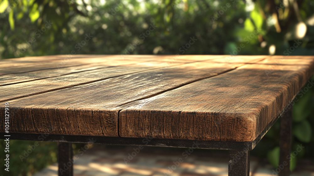 wooden tabletop with blurred green background for product display or mockup
