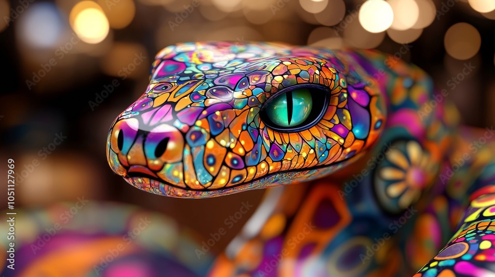 Close-up of colorful mosaic style lizard with intricate details and bright green eye against softly blurred background. Highlights artistic expression. Close-up of colorful mosaic style lizard with intricate details and bright green eye against softly blurred background. Highlights artistic expression.