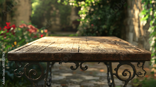 rustic wooden table with ornate metal legs in a garden setting photo