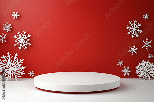 Elegant podium with red background and white snowflakes photo