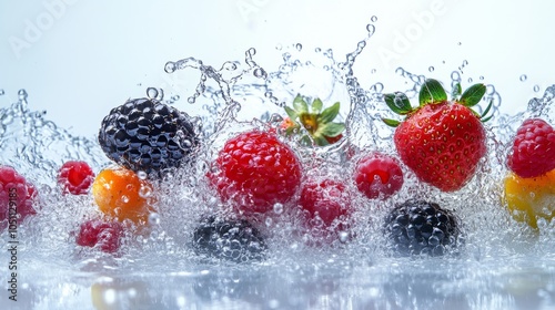 2410 65.A collection of brightly colored berries, such as strawberries, blackberries, and raspberries, caught in mid-splash, the water droplets enhancing their fresh and vibrant appearance against a