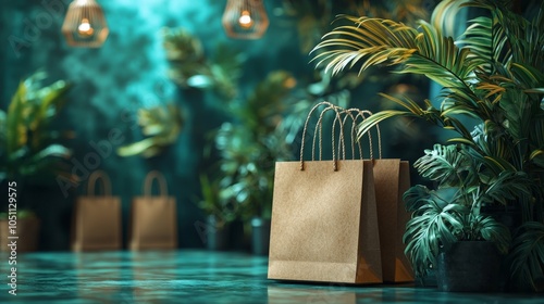 A stylish display of paper shopping bags set among green plants, creating a lush and eco-conscious theme for Green Monday promotions. photo