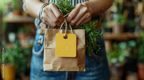 Hands grasping an eco-friendly bag filled with sustainable goodies, embodying the essence of Green Monday shopping.