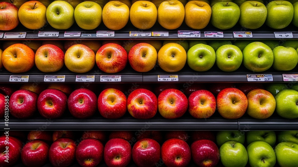 2410 59.A well-organized display of apple varieties in a supermarket, with golden, red, and green hues of Fuji, Golden, and Reineta apples reflecting their fresh and seasonal appeal, offering a