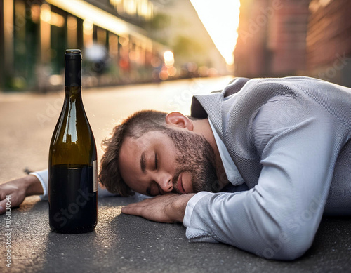 Man sleeping on a cobblestone street with an empty wine bottle, illustrating the concept of public intoxication and alcohol consumption.