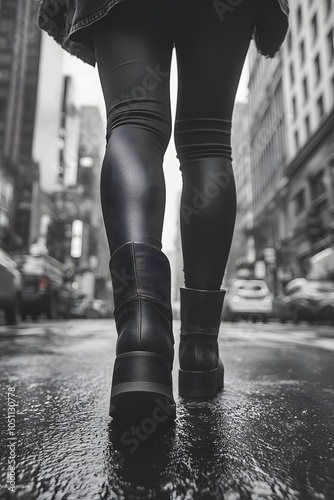 legs of a woman in the city in blak and white photo