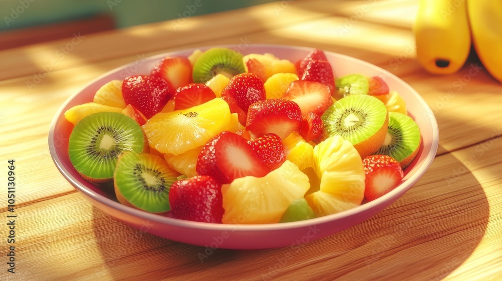 2410 6.A mouthwatering view of a fresh fruit salad, with juicy slices of strawberries, kiwi, and pineapple arranged in a bowl, placed on a wooden table, the bright colors of the fruit creating a 2410 6.A mouthwatering view of a fresh fruit salad, with juicy slices of strawberries, kiwi, and pineapple arranged in a bowl, placed on a wooden table, the bright colors of the fruit creating a