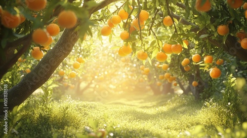 2410 8.A picturesque view of an orange orchard with ripe oranges hanging from lush green tree branches, the bright citrus fruits glowing in the warm sunlight, creating a serene and abundant