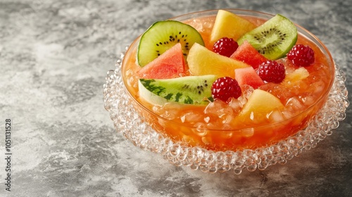 2410 70.A beautifully presented Subak Hwachae, a traditional Korean watermelon punch, served in a clear bowl with fresh fruit slices and boba pearls, offering a refreshing party drink with space for photo