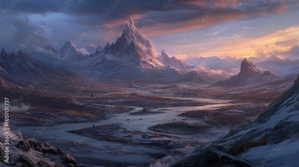 Obraz premium A panoramic view of a mountain landscape at sunrise, with the first light casting shadows on the peaks