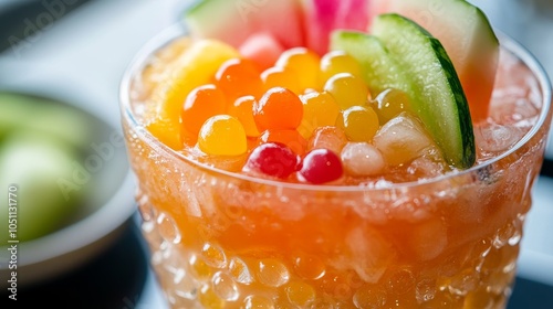 2410 68.A refreshing close-up of a Subak Hwachae cocktail, filled with colorful watermelon and fruit slices, topped with tapioca boba pearls, served in a clear glass and bowl, perfect for a summer photo