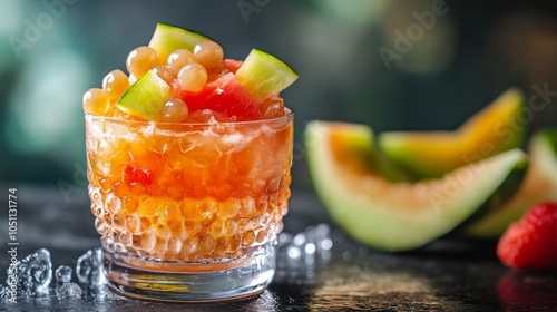 2410 68.A refreshing close-up of a Subak Hwachae cocktail, filled with colorful watermelon and fruit slices, topped with tapioca boba pearls, served in a clear glass and bowl, perfect for a summer photo