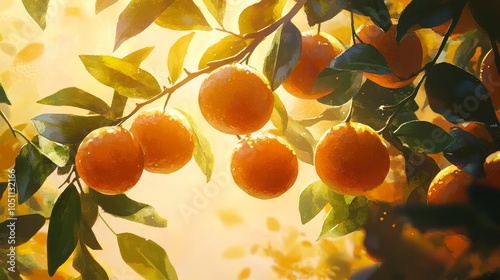 2410 9.A close-up shot of ripe oranges dangling from branches in an orange grove, with leaves gently rustling in the breeze and the golden light of the sun highlighting the vibrant colors of the photo