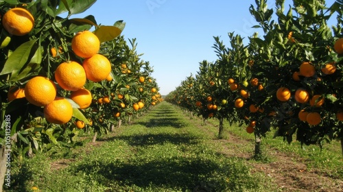 2410 50.A stunning landscape of a mandarin orange orchard, with rows of trees laden with bright, ripe oranges against a backdrop of clear blue sky, capturing the beauty and abundance of citrus