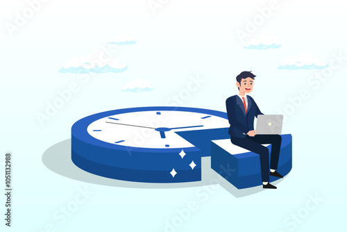 Businessman working with laptop on split time clock, part-time job, work tracking system, day planning or time management, side hustle or office work deadline, start and end time schedule concept