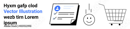 A shopping cart, a checklist with profile icon, and a falling happy face accompany placeholder text. Ideal for e-commerce, customer satisfaction, online shopping, task management, retail solutions