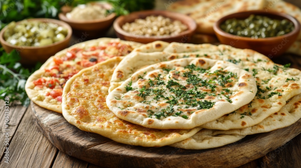 Vibrant Eastern Flatbreads on Wooden Table Vibrant Eastern Flatbreads on Wooden Table